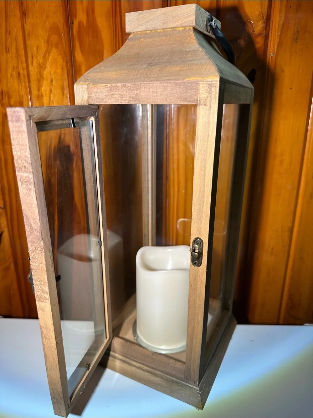 Wooden Glass Lantern with White Candle - Natural Finish